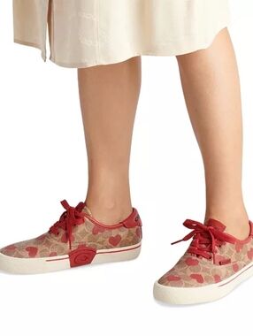 Coach Women Heart-Print Brown & Red Canvas Sneakers